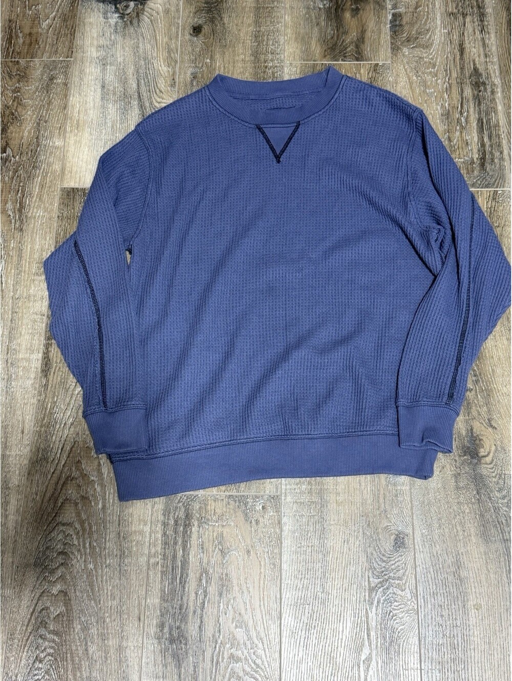 Aerie Waffle Knit Oversized Crewneck Sweatshirt Blue Thermal Pullover Sweater XS